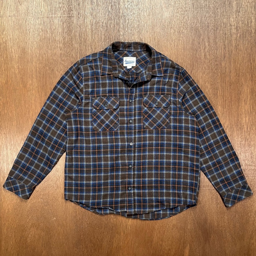 American Vintage Manufacturing Co Plaid Flannel Shirt Brown Blue L AVH21170LW
